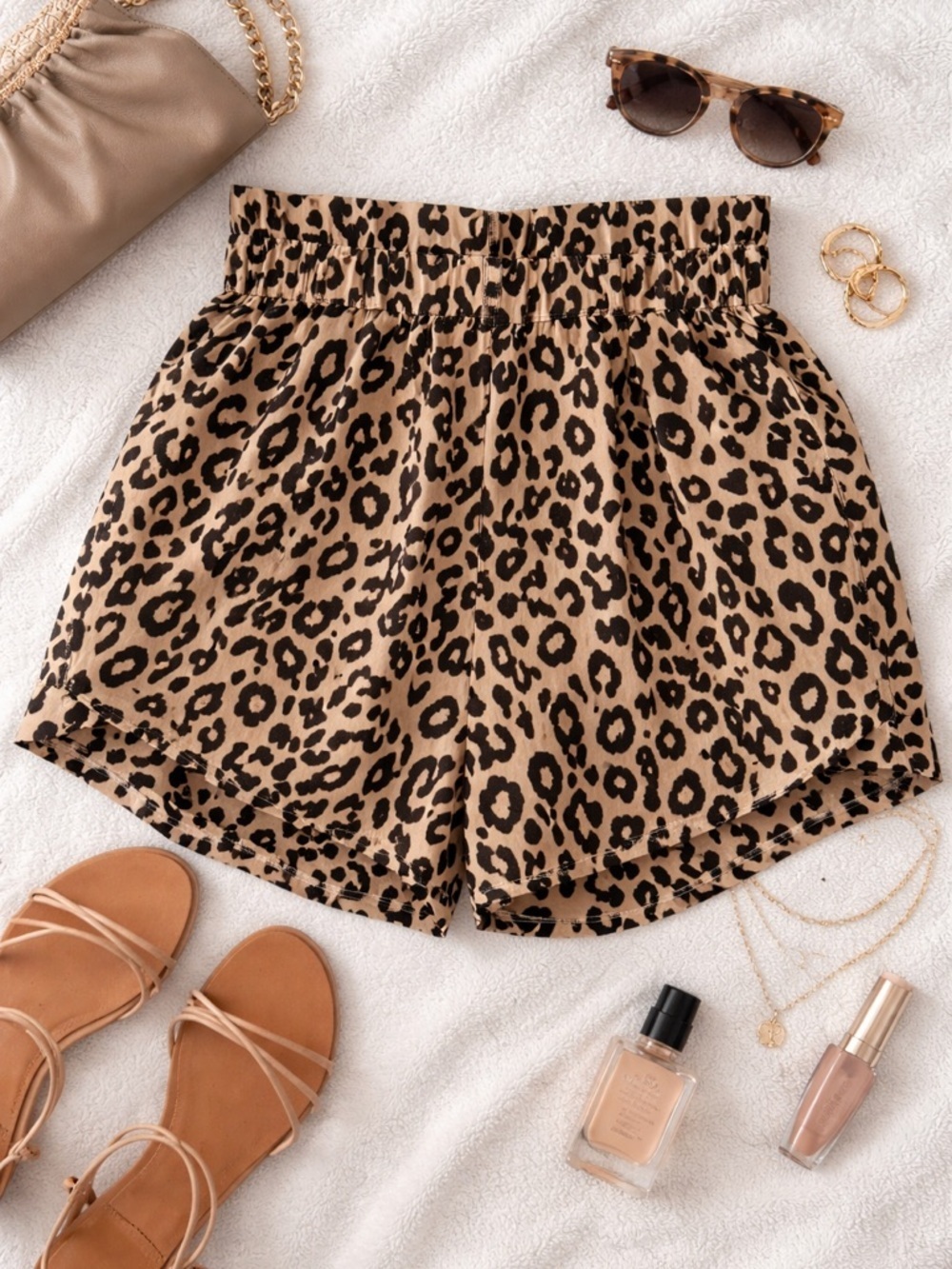 Leopard Print Elastic Waist Women’s Shorts - Brown